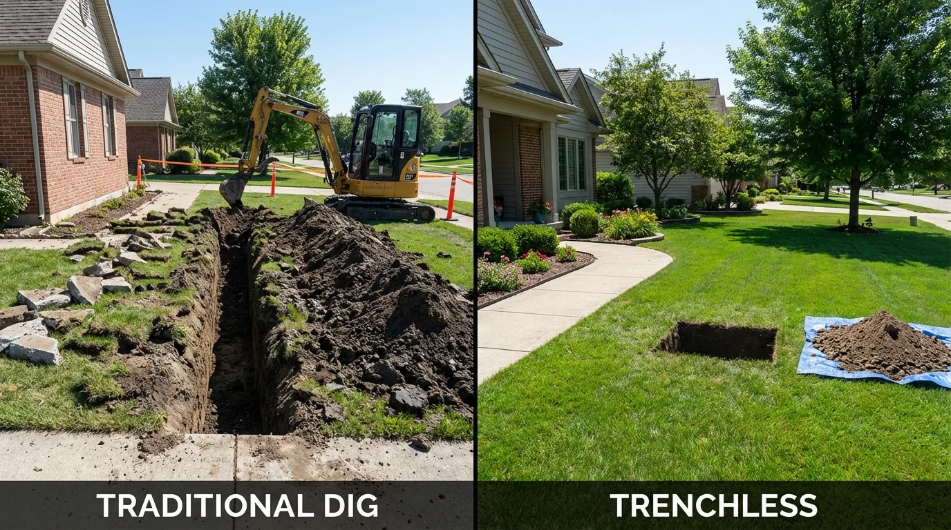 Trenchless sewer repair with minimal yard damage versus traditional excavation in Mitchell, NE