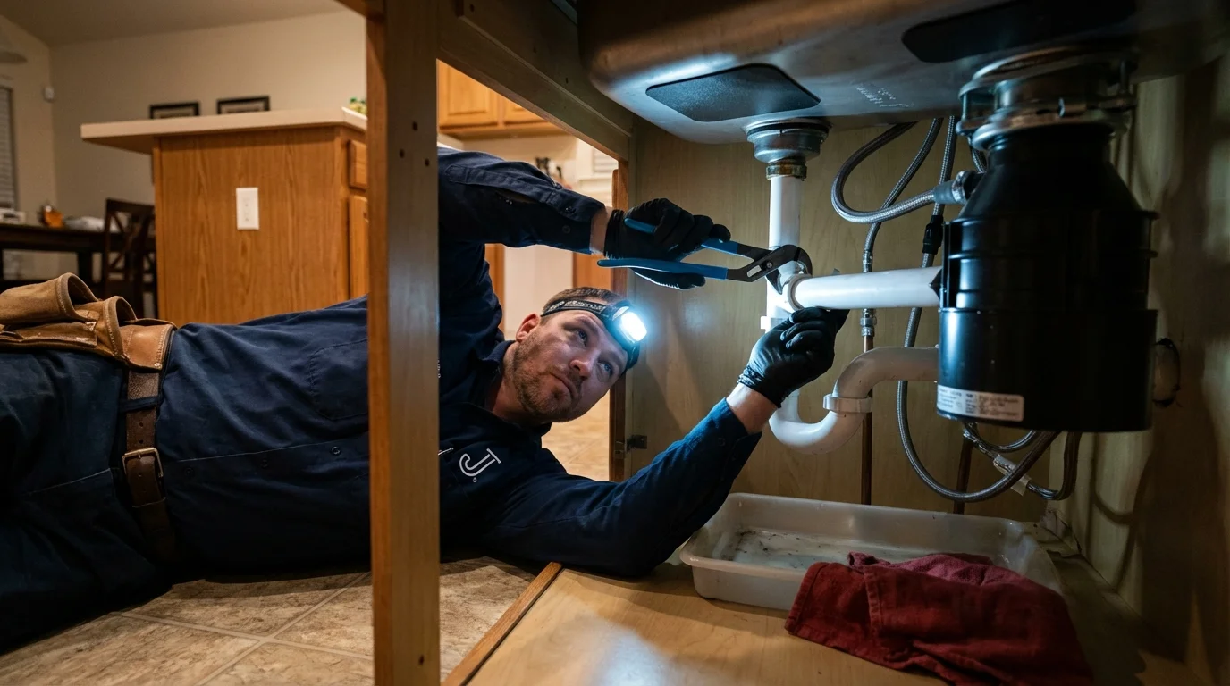 P-trap and supply line connections under a kitchen sink showing a common leak point in Mitchell, NE